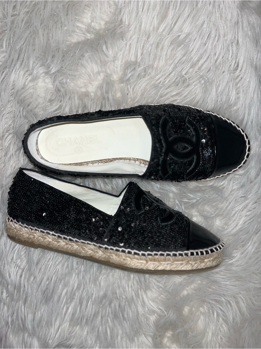 Authentic CHANEL Black Sequin & Patent Cap-Toe Espadrille Flats - Picture 4 of 6